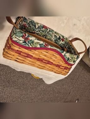 Longaberger Hand Woven Basket-Style with Holly Print Liner - Red Trim